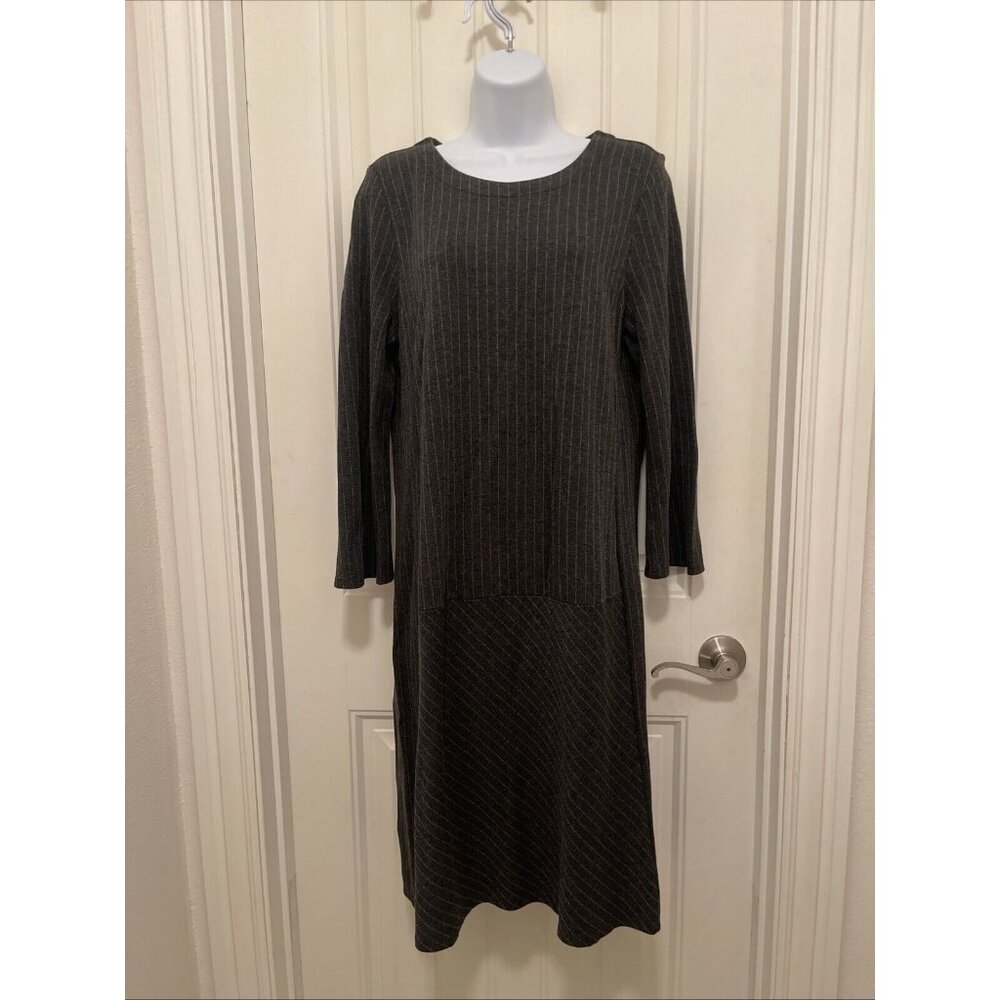 J Jill Ponte L/S Dress Charcoal Gray Striped Seamed Shift Women’s Sz M Tall